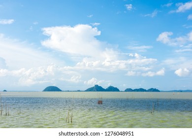Beautiful landscape of sea with islands and blue sky with cloud, lake view point in Pak Phayun, Phatthalung province, Thailand.
