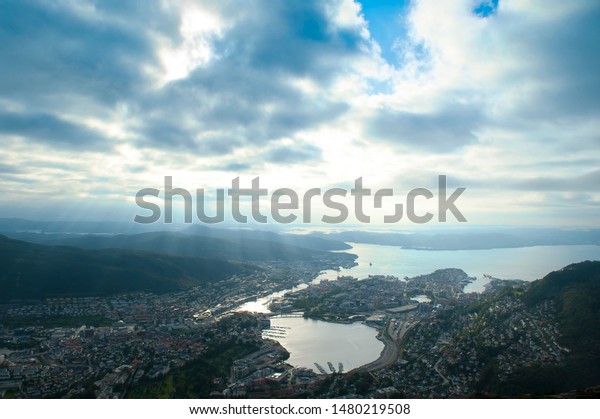 Beautiful landscape seen from the top of\
Mount Ulriken in Bergen, Norway on August 4\
2019