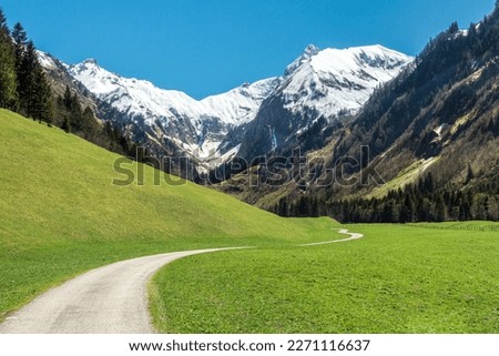 Beautiful landscape with snow capped mountains, green grass meadows and hiking trail in springtime. Trettachtal, Allgaeu, Bavaria, Germany.