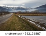 Beautiful landscape with snow-covered fields and fog in the mountains near Edessa, Greece