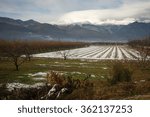 Beautiful landscape with snow-covered fields and fog in the mountains near Edessa, Greece