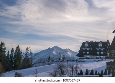 Beautiful Landscape Of The Snowy Hotel In The Mountains. Zakopane Poland