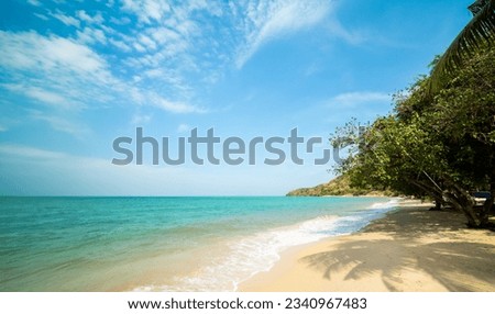 Beautiful Landscape summer panorama front view nobody  tropical sea beach white sand clean and blue sky mountain look calm nature ocean wave water travel day time at Sai Kaew Beach Thailand Chonburi