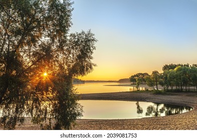 Beautiful Landscape Of Sunrise On A Forest Lake Golden Hour