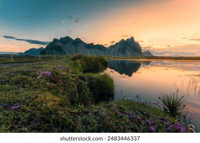 Beautiful landscape of sunrise over Vestrahorn mountain with wildflower blooming by the lake during summer at Stokksnes peninsula, Southeastern Iceland - Powered by Shutterstock