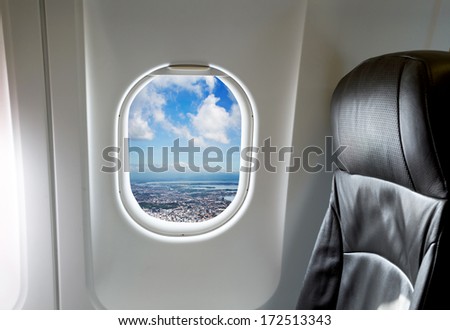 Image, Stock Photo View through a porthole in the ship’s side, one sees many suspended ropes