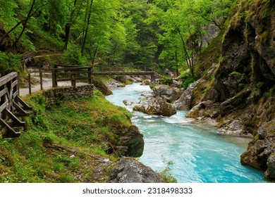 Beautiful landscape of Tolmin Gorges. Majestic scenery with clean mountain river in the deep gorges of Tolmin, Slovenia, Europe