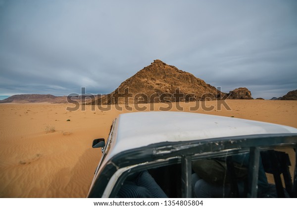 A beautiful landscape view of desert from of\
a car. Travel concept\
photography