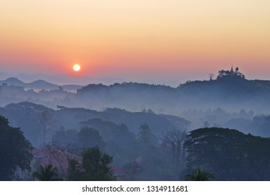 Beautiful  landscape view , Morning sunrise and  mountain view with  fog  ,Mrak-U  Rakhine State ,Myanmar, soft focus , selective focus.  - Shutterstock ID 1314911681