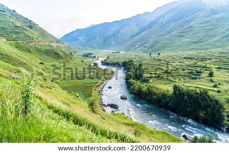 Beautiful landscape view of Sinja river and greenery at Karnali Sinja valley, Nepal.