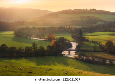 Beautiful landscape view at sunset in Autumn of rolling hills and rural countryside with Old Manor Bridge over the River Tweed near Peebles in the Scottish Borders of Scotland, UK.