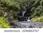 Beautiful landscape view of waterfalls in Haleakala National Park near the Kipahulu Visitor Center on the island of Maui in Hawaii.