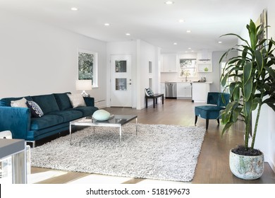 Beautiful Large Living Room Interior With Hardwood Floors, Fluffy Rug And Designer Furniture.