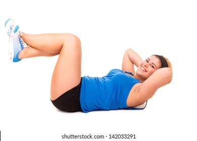 Beautiful Large Woman Exercising - Isolated Over A White Background