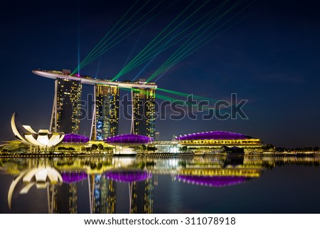 Beautiful laser show at the marina bay waterfront in singapore