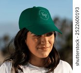 Beautiful Latina woman wearing a green hat, portrait of Latina woman wearing hat outdoor, hat mockup, Latina woman standing outdoor wearing casual outfit with green hat and t-shirt