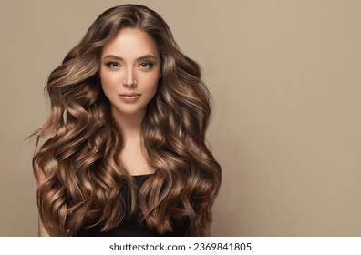 Beautiful laughing brunette model  girl  with long curly  hair . Smiling  woman hairstyle wavy curls .     Fashion , beauty and makeup portrait - Shutterstock ID 2369841805