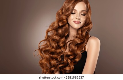 Beautiful laughing Redhead model  girl , with long curly red hair . Smiling  woman hairstyle  curls wavy . Fashion , beauty and makeup portrait
 - Powered by Shutterstock