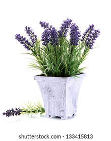 Beautiful Lavender In Wooden Pot Isolated On White