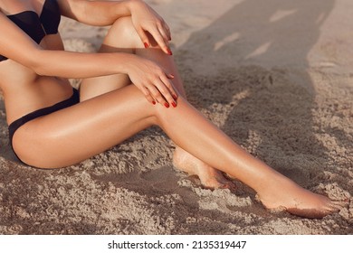 Beautiful Legs On Beach Under Sunshine. Skincare. Protection Sun. Epilation Laser or Shaving Concept. - Shutterstock ID 2135319447
