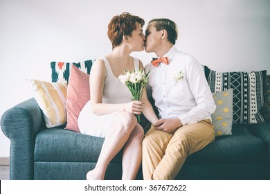 Beautiful lesbian couple celebrate their wedding. Gay marriage concept. Toned picture. Selective focus