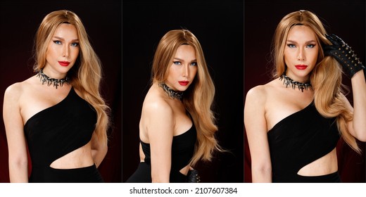 Beautiful LGBT Or LGBTQIA+ Transgender Woman Wear Sexy Red Dress Black Blonde Hair. 30s 40s Female Express Feeling Strong Smile Fashion Poses Over Black Background Studio