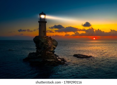 The beautiful Lighthouse Tourlitis of Chora in Andros island, Cyclades, Greece