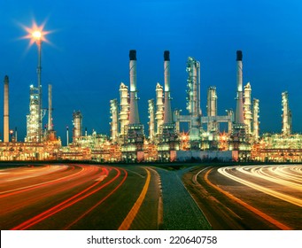Beautiful Lighting Of Oil Refinery Plant In  Heavy Petrochemical Industry Estate Use For Power ,energy And Petroleum Industrial Topic
