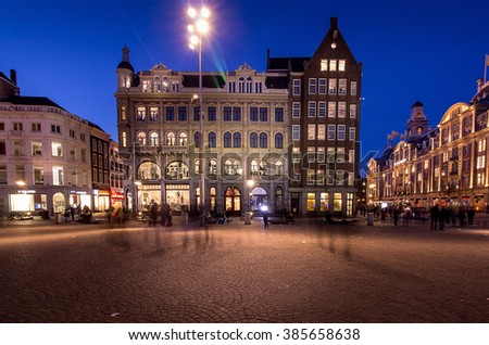 Beautiful Lighting Shopping Mall on Dam Square in Amsterdam at the Night