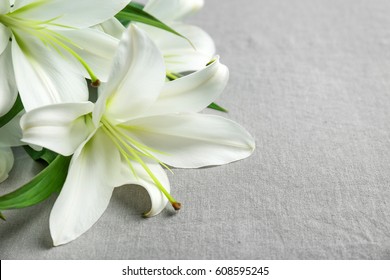 Beautiful lilies on fabric background