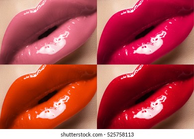 Beautiful Lips Collection. Sexy make-up set with female plump lips .Bright Color tender light pink, vivid fuchsia, juicy orange and trendy cherry red. Fashion variant for makeup