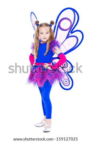 Beautiful little girl dressed in blue and pink butterfly suit. Isolated on white