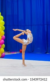 Beautiful Little Girl Gymnast Performs Competitions Stock Photo ...