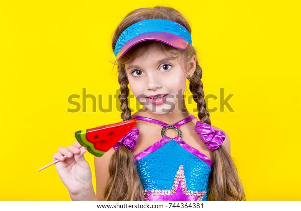 Beautiful Little Girl Large Lollipop Studio Stock Photo 744364381 ...