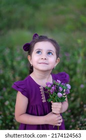 A beautiful little girl with long hair, in a purple dress, smiles and looks at the camera, holding a bouquet of clover in her hands