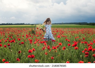 Beautiful Little Girl On The Background Of A Poppy Field, Bulgaria	