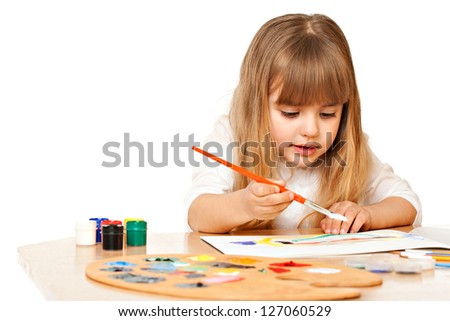 Beautiful Little Girl Painting, isolated on white