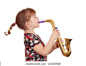 beautiful little girl play music on saxophone
