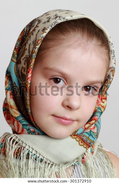 Beautiful Little Girl Russian Traditional Pavloposadskij Stock Photo ...