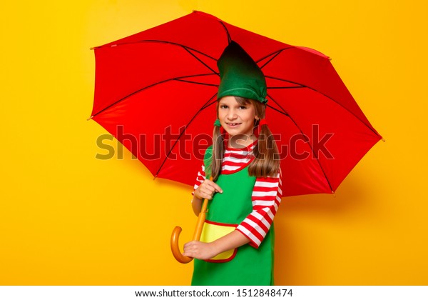 Beautiful Little Girl Wearing Christmas Elf Stock Photo