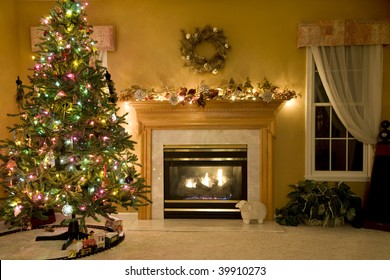 A beautiful living room decorated for Christmas.