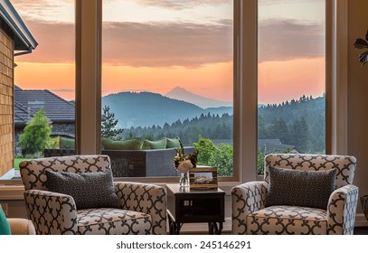 Beautiful Living Room Detail with Sunrise View in New Home - Powered by Shutterstock