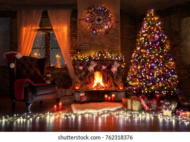Beautiful living room with fire place decorated for christmas
