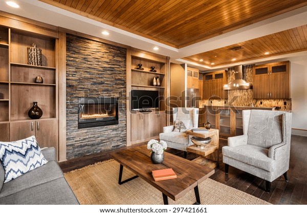 Beautiful Living Room Hardwood Floors Ceiling Stock Photo