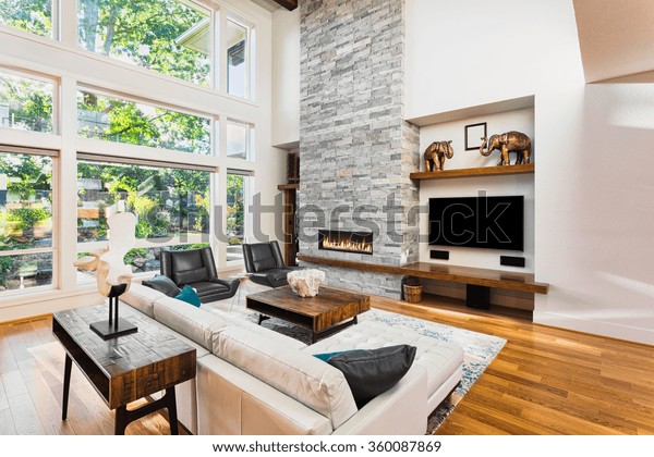 Beautiful Living Room Hardwood Floors Fireplace Stock Photo Edit