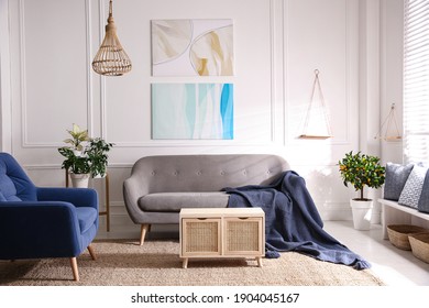Beautiful living room interior with comfortable gray sofa