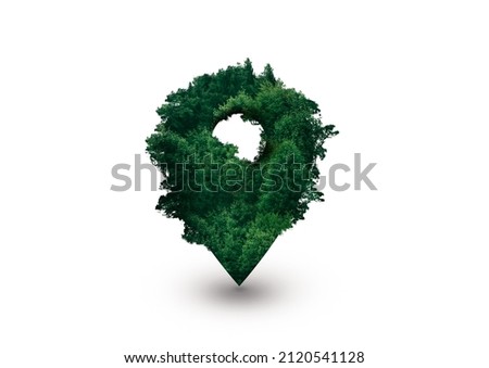 A beautiful location pin symbol engulfed in the forest. Concept design for themes like destination, travel, location, in to the wilds, Day of Forests and more. On a white background