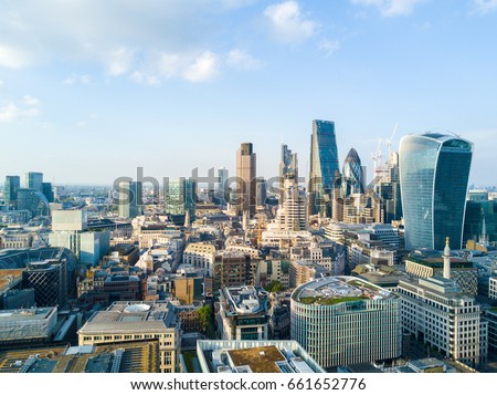Beautiful London business district view with many skyscrapers.