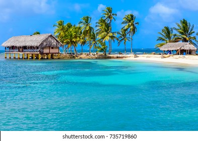 Beautiful Lonely Beach In Caribbean San Blas Island, Kuna Yala, Panama. Turquoise Tropical Sea, Paradise Travel Destination, Central America