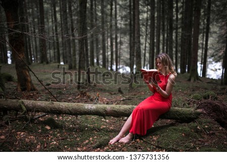 Similar – Mädchen in rotem Kleid im Wald